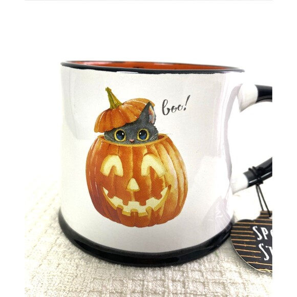 Spooky Street Cat In A Pumpkin Mug Holloween To Cute To Spook Oversiz 17oz White - Picture 2 of 8